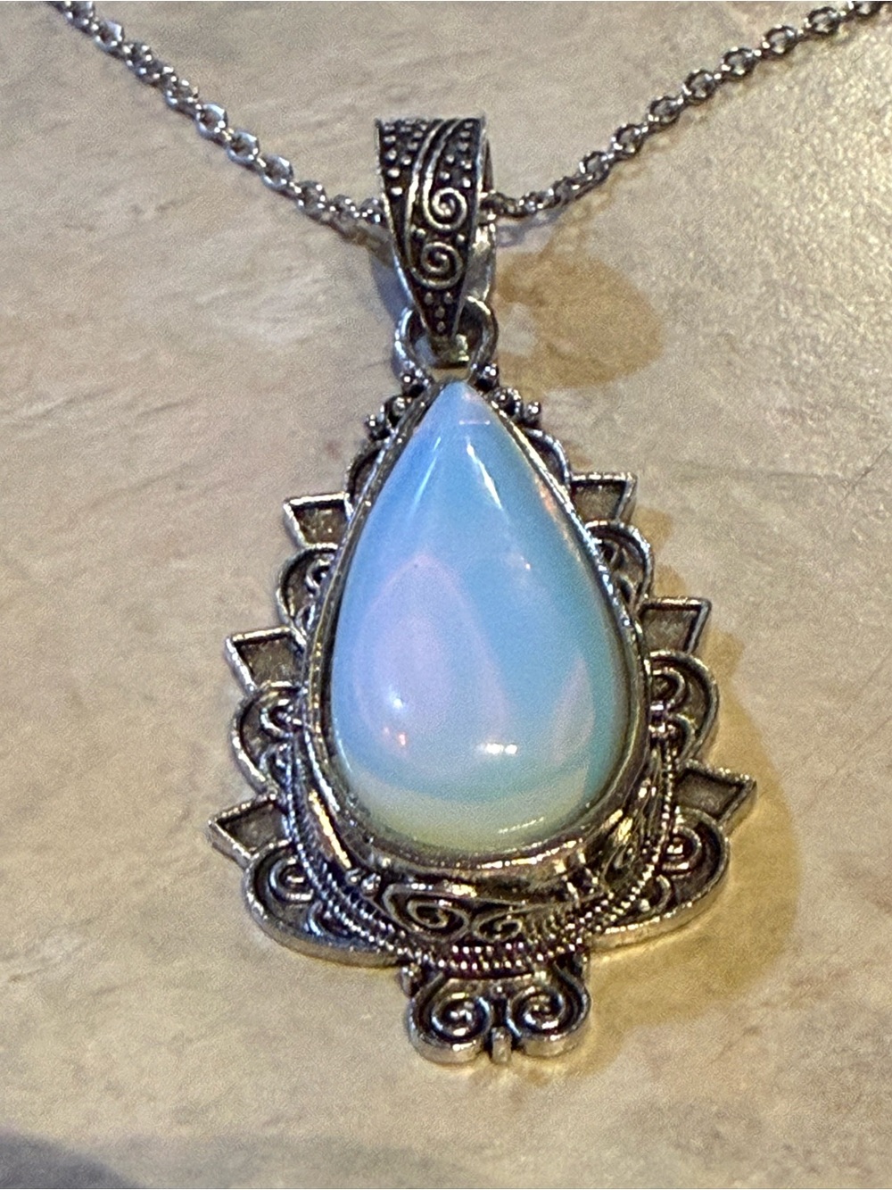 Opalite Teardrop Pendant Necklace in Pale Blue-Green with Silver Tone Setting